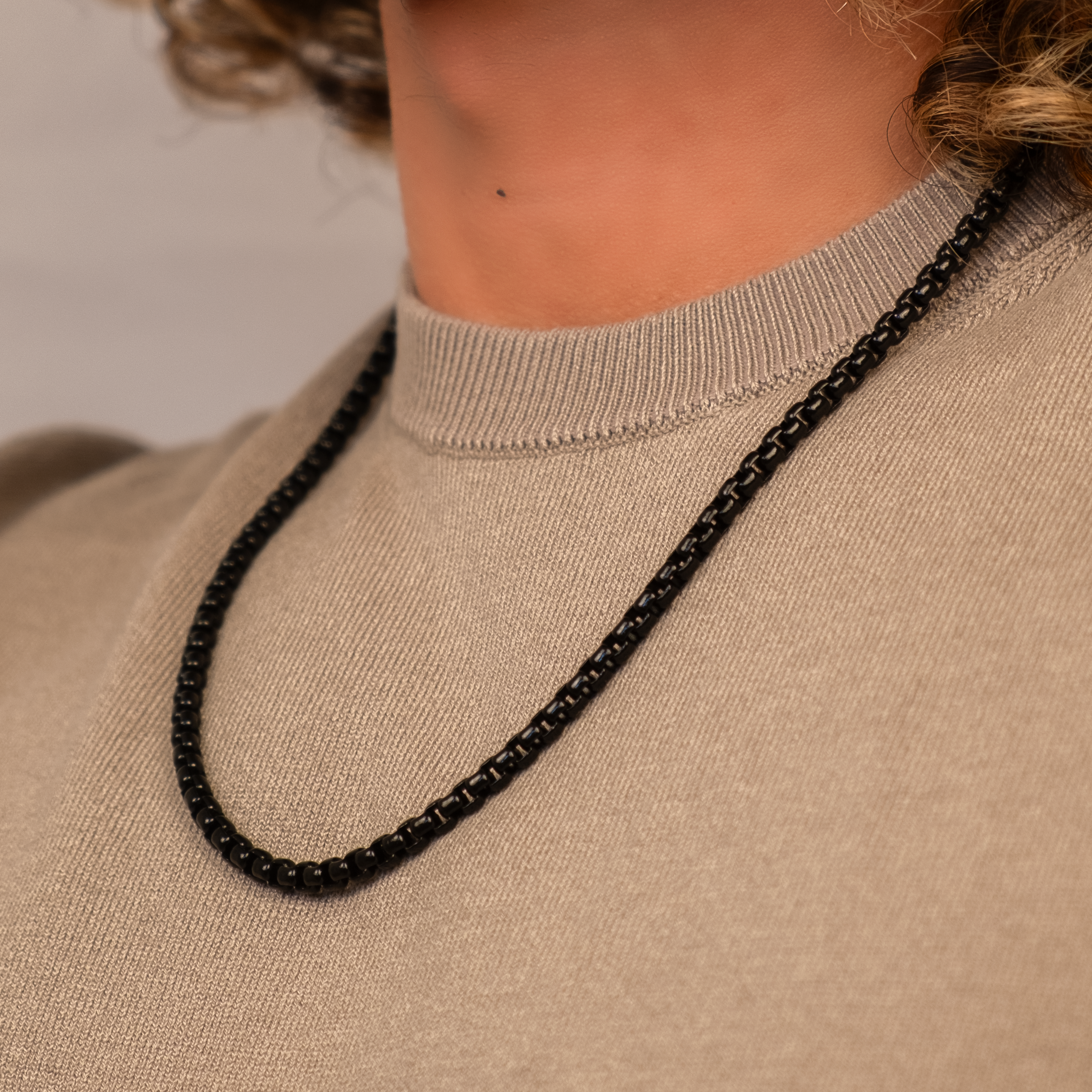 Round Box Chain Necklace "Leo" | Black Stainless Steel 4.5mm