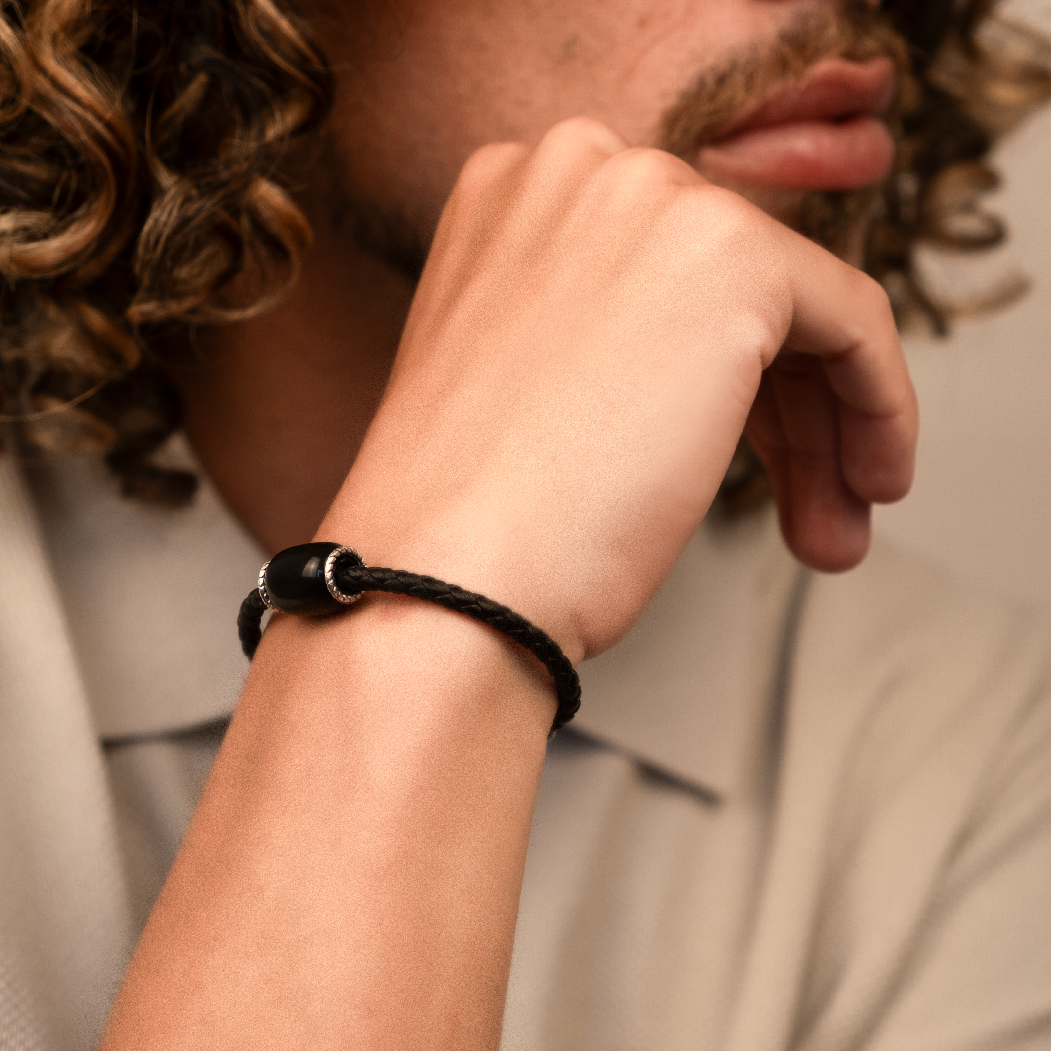 Men's Bracelet "Liam" | Leather + Black Onyx 4mm