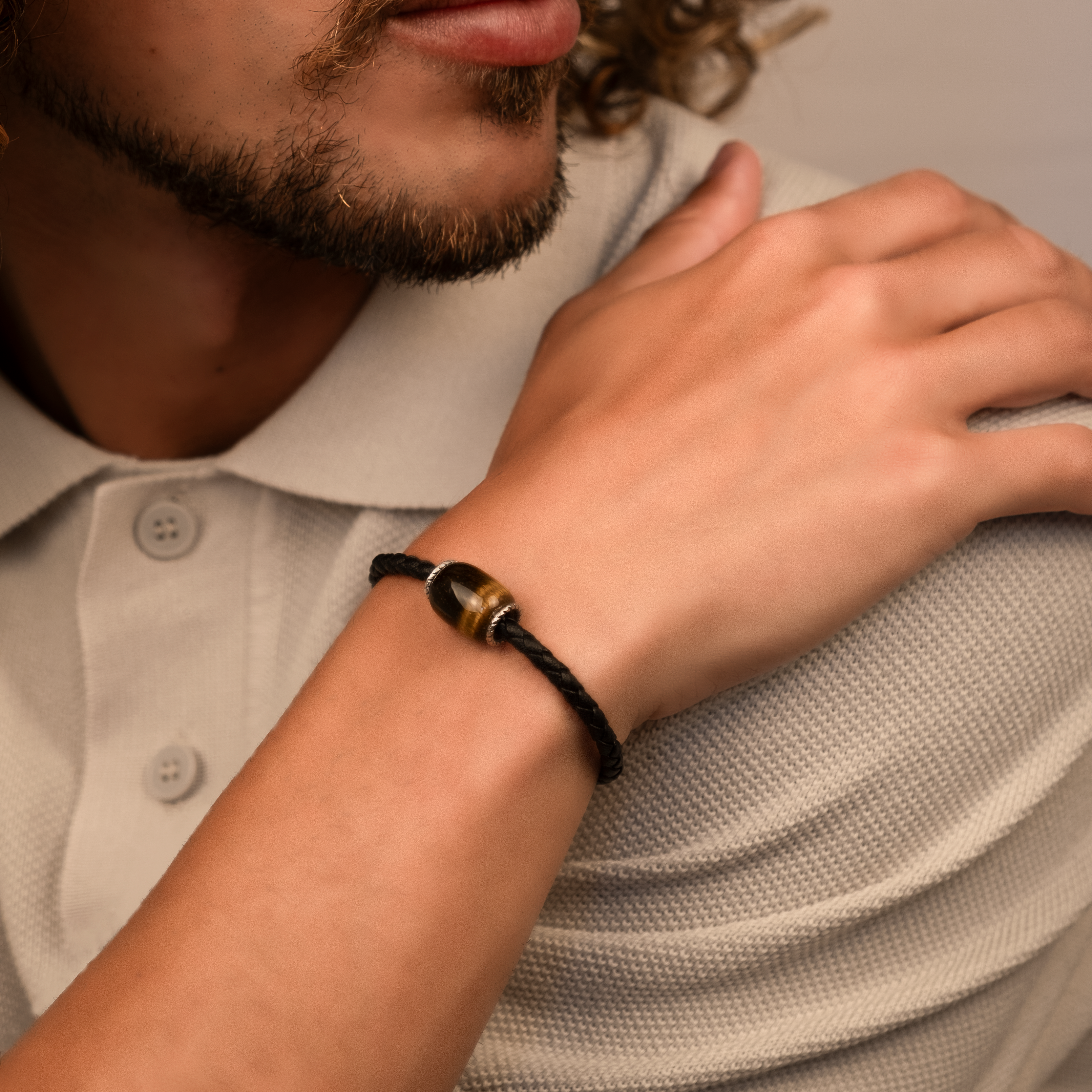 Men's Bracelet "Liam" | Leather + Brown-Yellow Tiger Eye 4mm