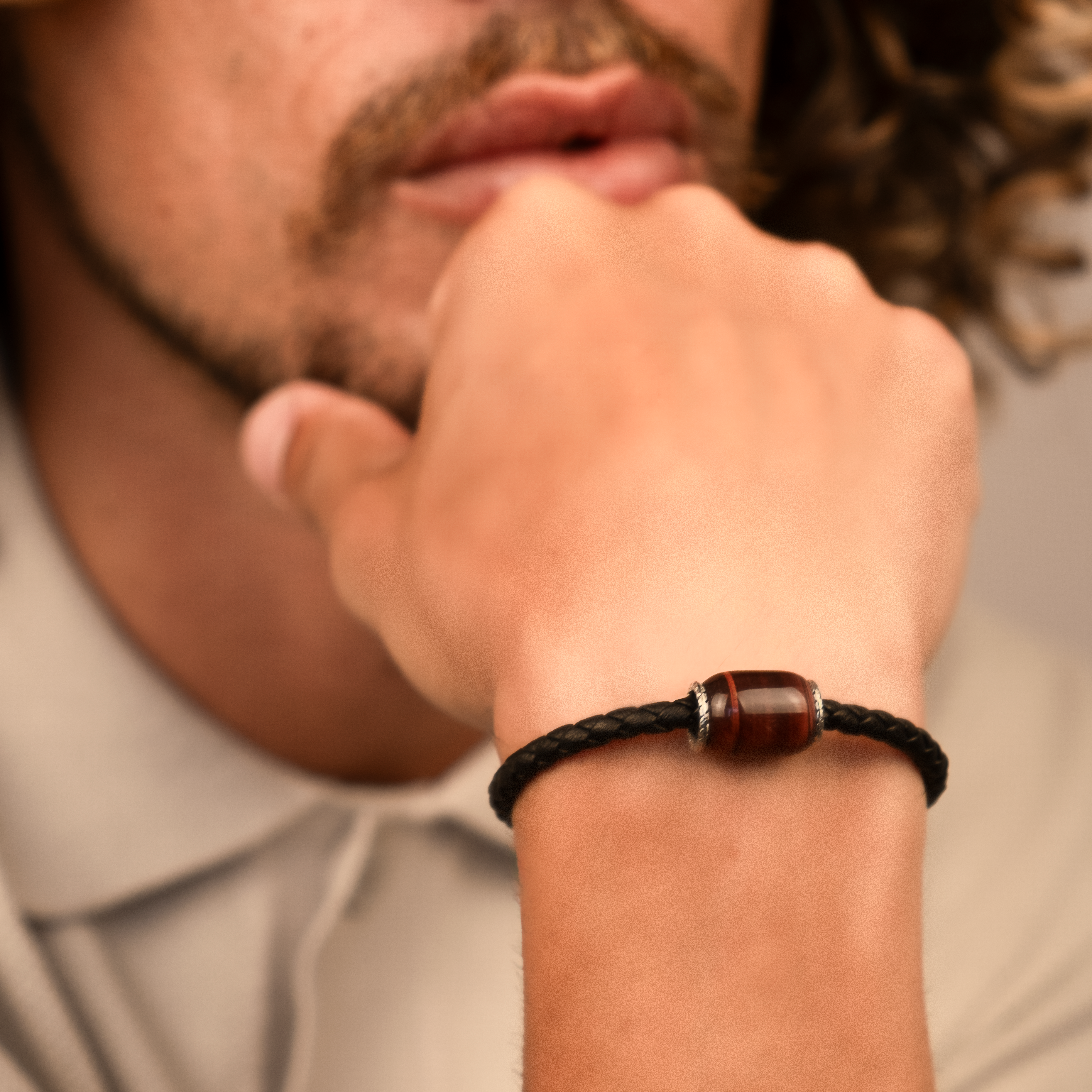 Men's Bracelet "Liam" | Leather + Red-Brown Tiger Eye 4mm